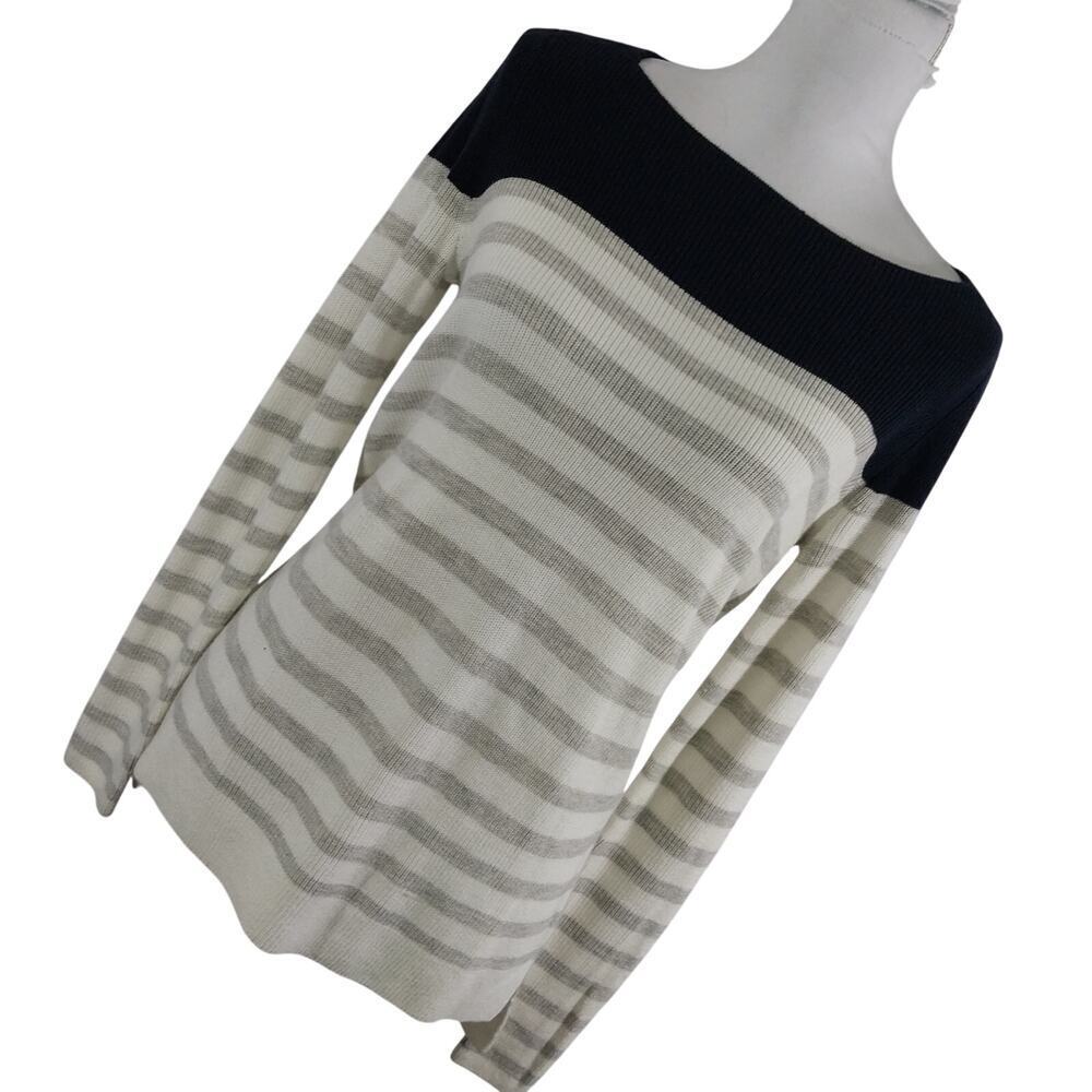 ANN TAYLOR LOFT! RICH BLACK, GRAY & WHITE STRIPED TUNIC STYLE SWEATER! SZ S